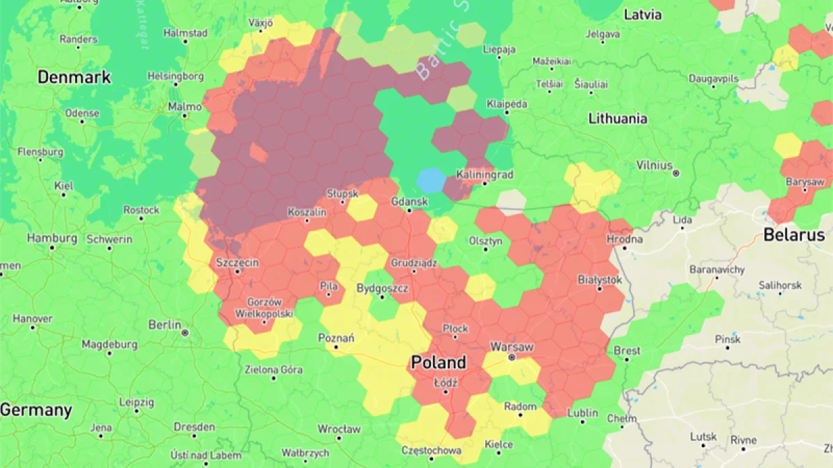Фото: Помехи GPS воздушном пространстве над восточной Европой. 19 января 2024 г. (скриншот GPSJam)
